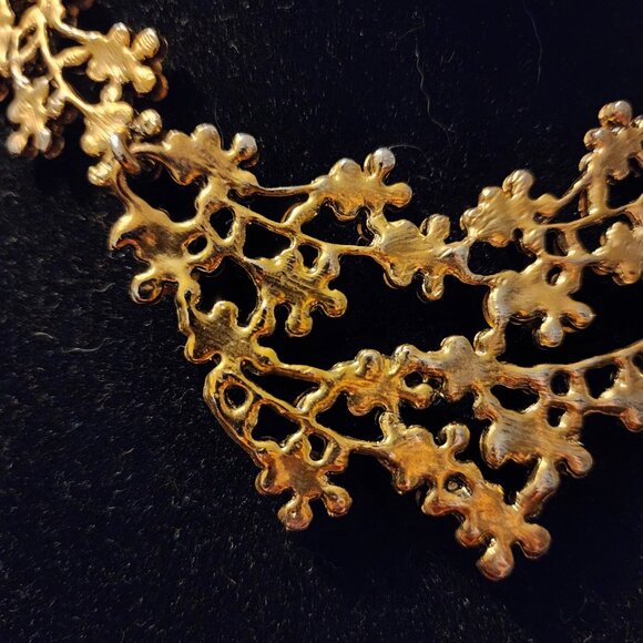 Vintage MCM Golden AB Rhinestone Flower Necklace Heavy Gold Plate Rivoli Stones - Picture 9 of 14